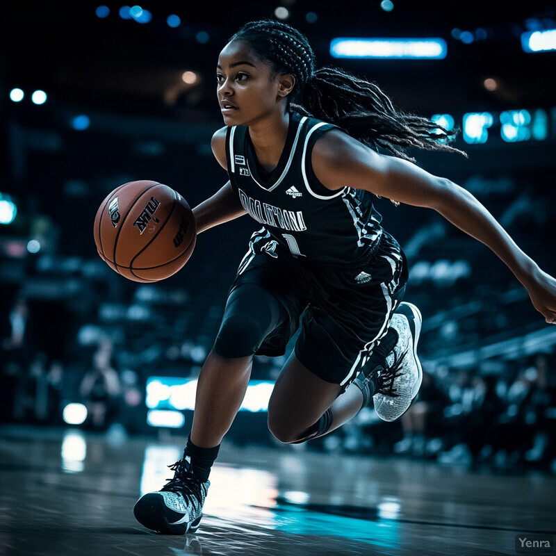 A young Black woman with long braids styles in cornrows runs toward the left side of the image, dribbling a basketball in her right hand.