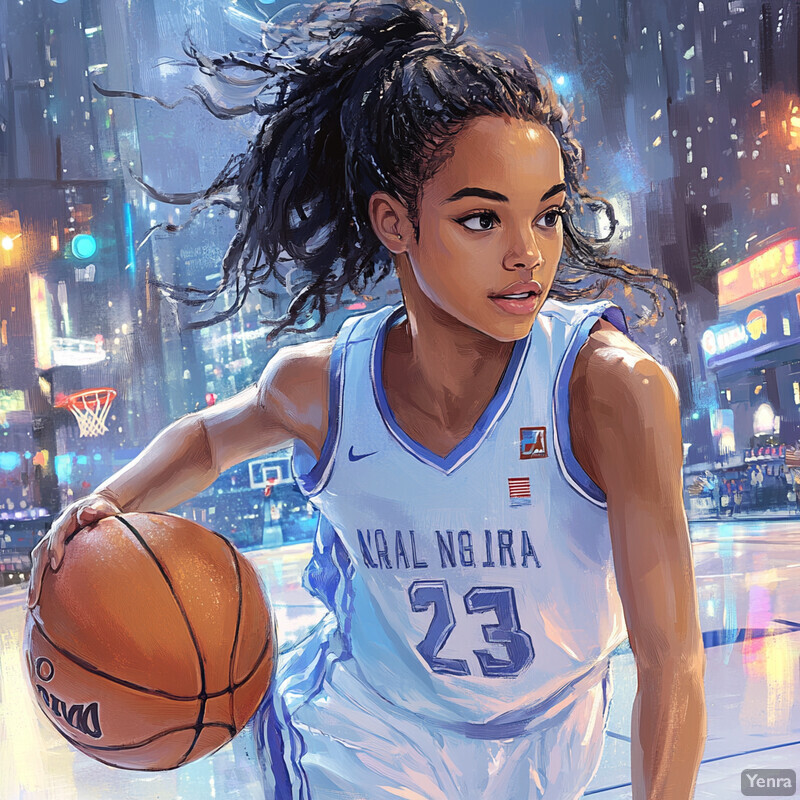 A young woman in a white basketball uniform dribbling down a city street at night.