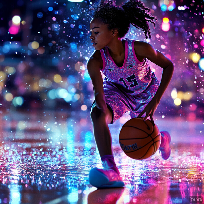 A young girl with dark skin and curly hair plays basketball on a city street at night, wearing a pink-and-purple glittery jersey and matching shorts and shoes, with an orange basketball in hand.