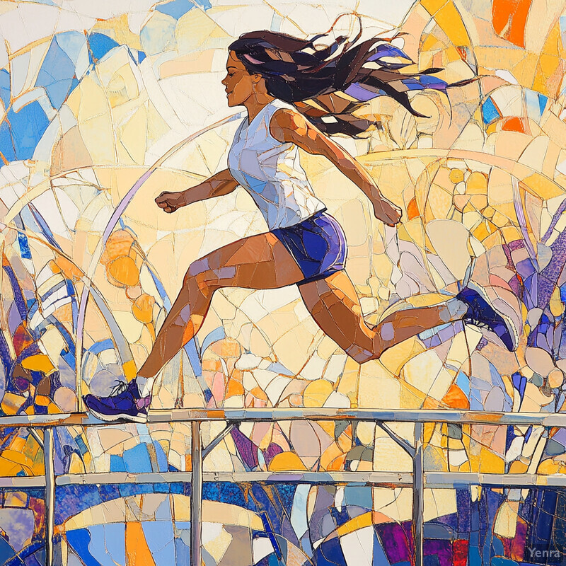 A woman in athletic attire leaps over a hurdle, captured through an artistic lens with mosaic-like colors and geometric shapes.