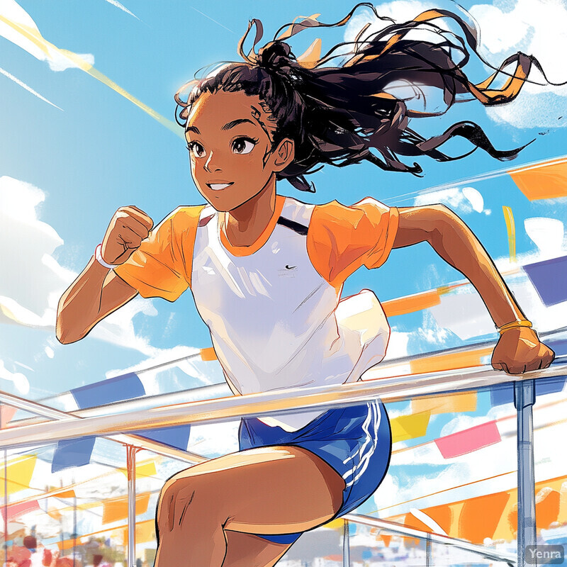 A young girl in motion, racing on a track against a blurred crowd and bright blue sky.