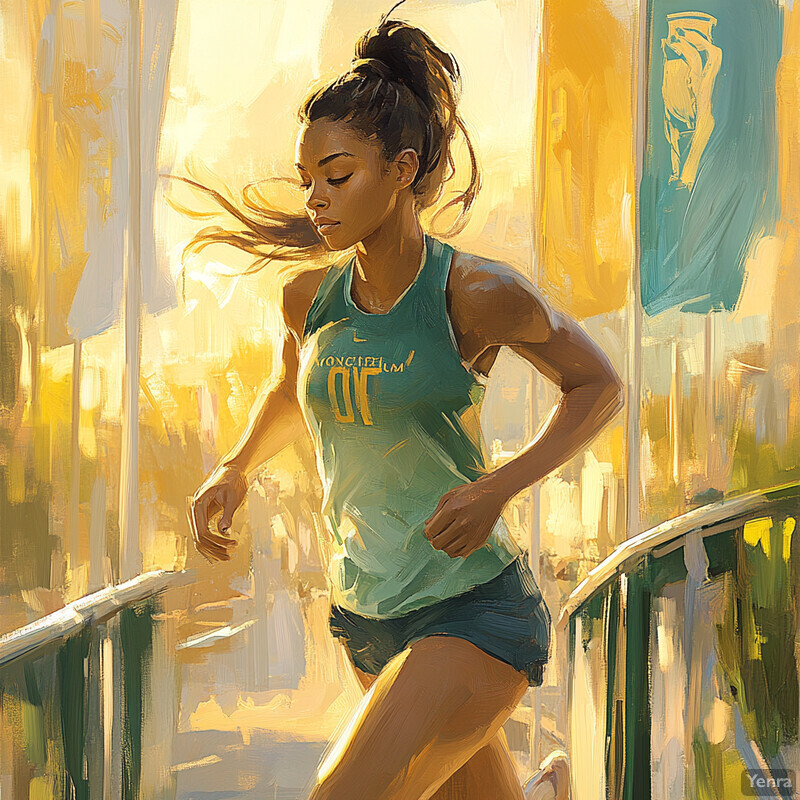 A woman in motion, running down a bridge or overpass