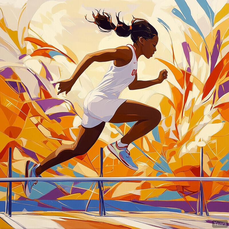 An illustration of a woman jumping over hurdles in a track and field event