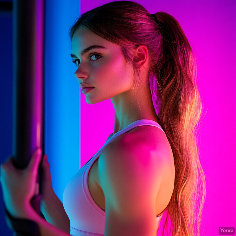 A woman in a white tank top stands in front of a colored wall.