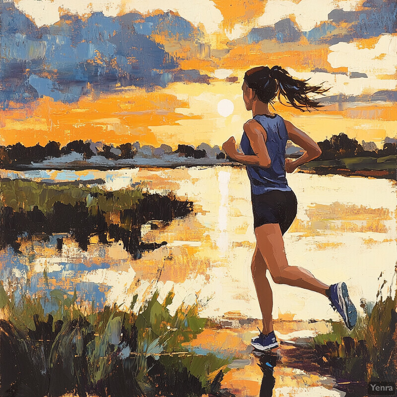 A woman jogging near a body of water at sunset