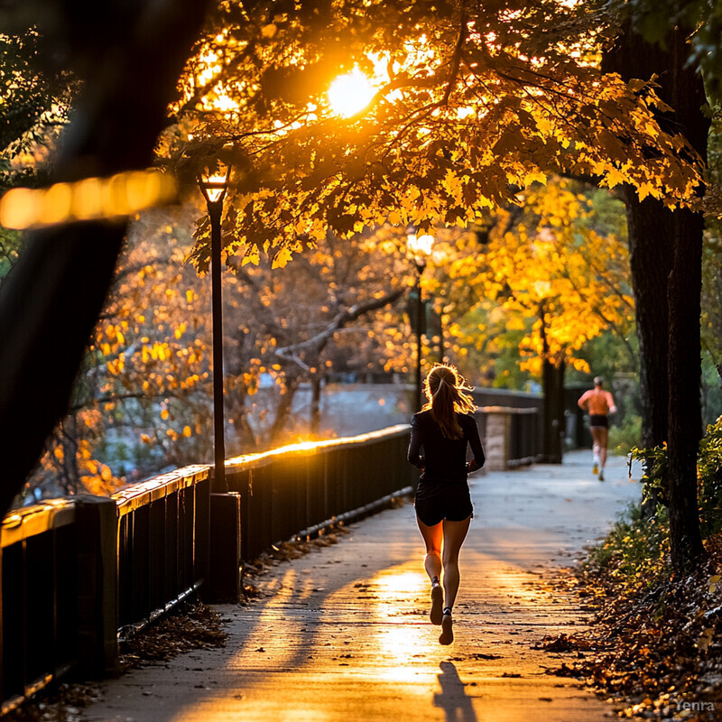 Two joggers on an outdoor path during sunset/sunrise