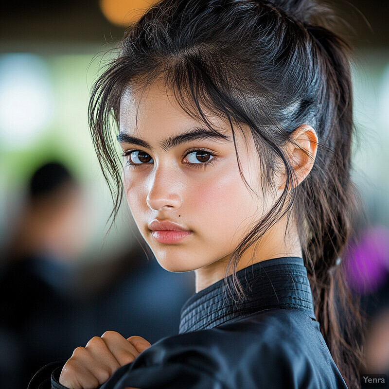 A young girl in a black martial arts uniform looks directly at the camera with an intense gaze.