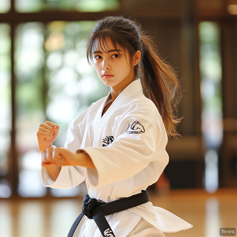 A young woman in a martial arts uniform poses for a photo in a gymnasium.