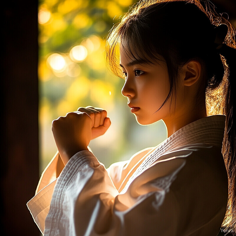 Young woman in martial arts uniform standing in front of a window