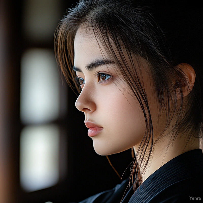 A young woman with long dark hair and blue eyes sits in front of a window, wearing a black top with thin white stripes.