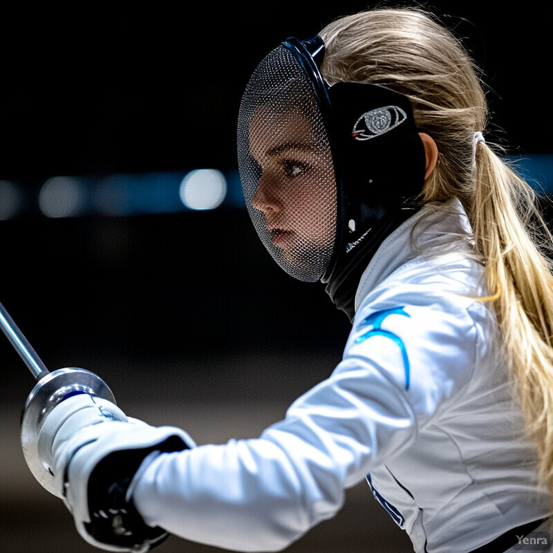 A young girl engaged in fencing, dressed in a white uniform with blue accents, holding a foil with her right hand and grasping the handle tightly with her left.