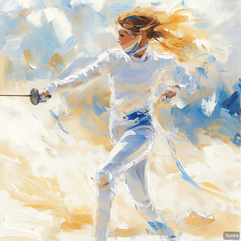 A woman in a fencing uniform prepares to strike with her foil on a sunny day.