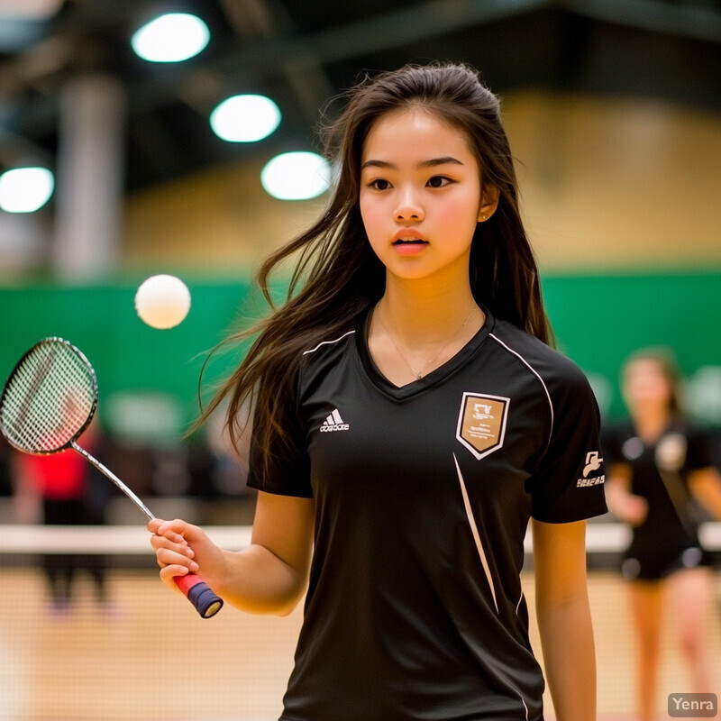 A young woman plays badminton in a gymnasium or sports hall.