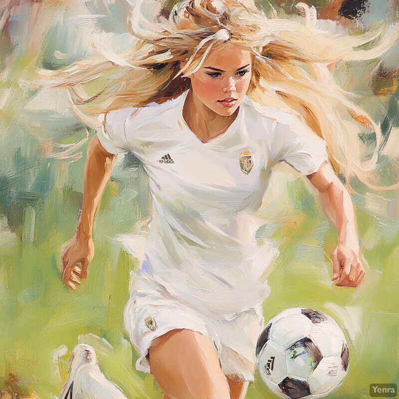 A young woman with long blonde hair is running towards the right side of the frame while kicking a soccer ball.