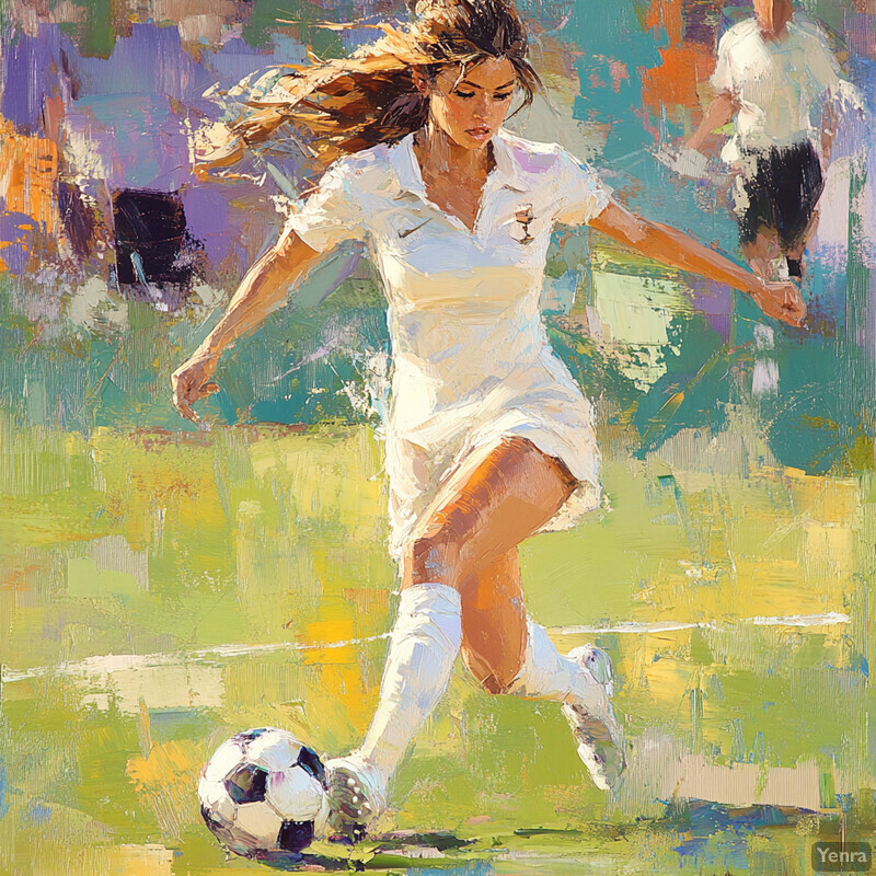 Impressionist painting of a woman playing soccer