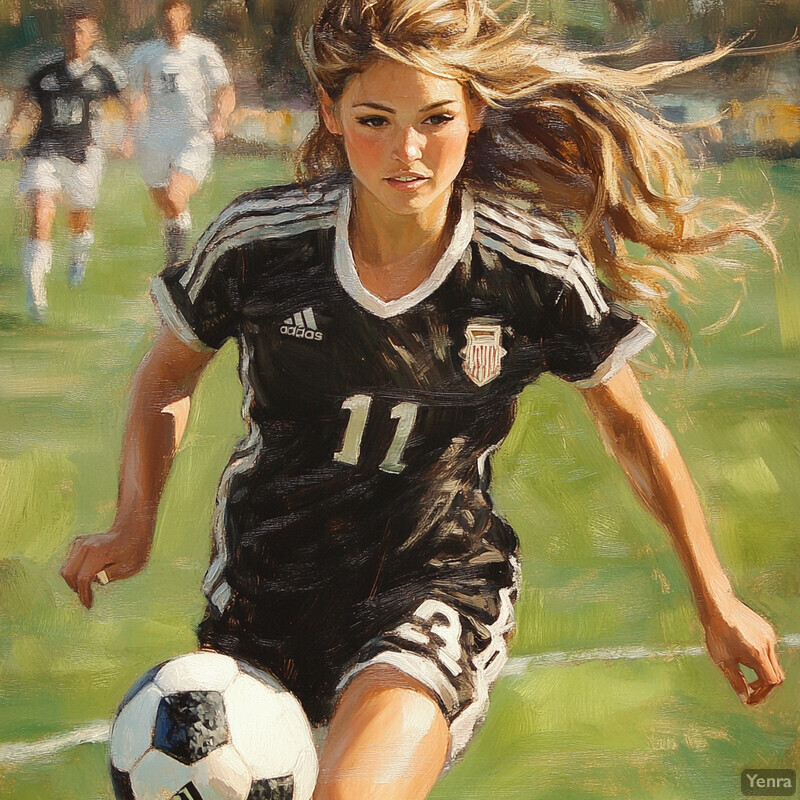 A young woman in a black and white soccer uniform runs across the field with the ball