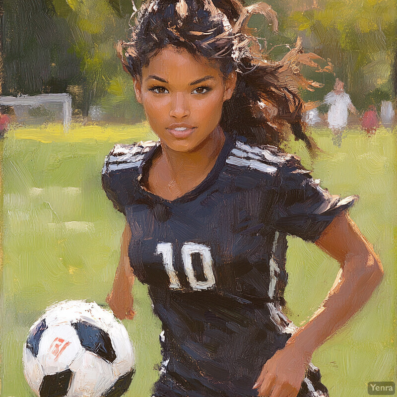 A young woman in athletic attire runs towards the left side of the image, grasping a soccer ball in her right hand.