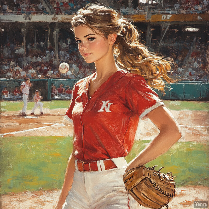 A young woman in a red baseball jersey standing on a baseball field, holding a baseball glove and looking focused.