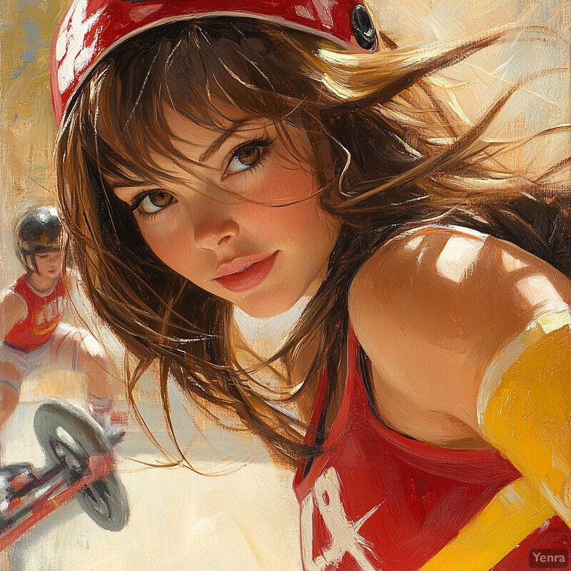 Oil painting of two female roller derby players in action