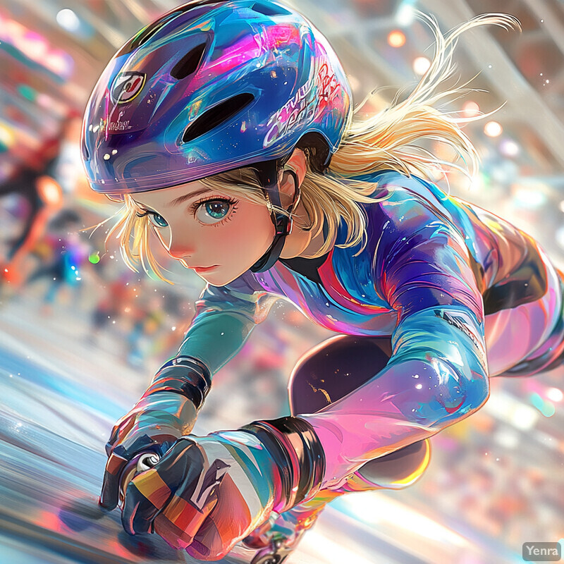 A young girl in action during a roller derby match, with distinctive anime-style eyes and a colorful outfit.