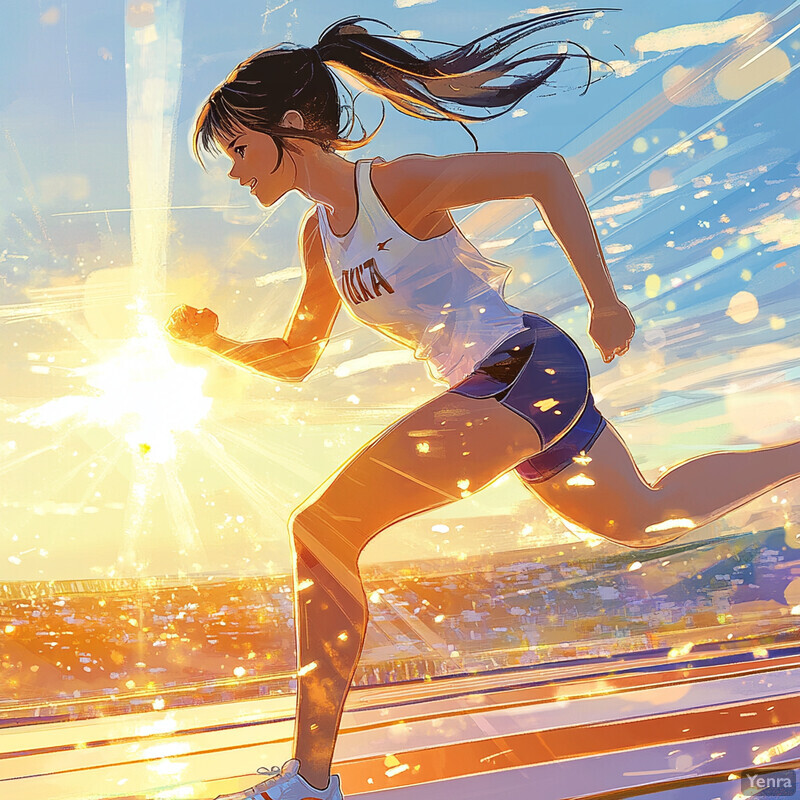 A woman running on a track or road, wearing a white tank top and blue shorts, with dark hair tied back in a ponytail.