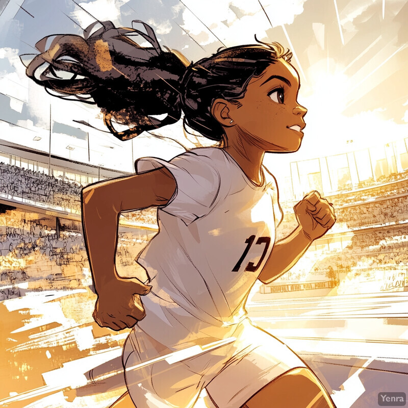 An illustration of a young woman running in a stadium setting, capturing her dynamic movement and determination.