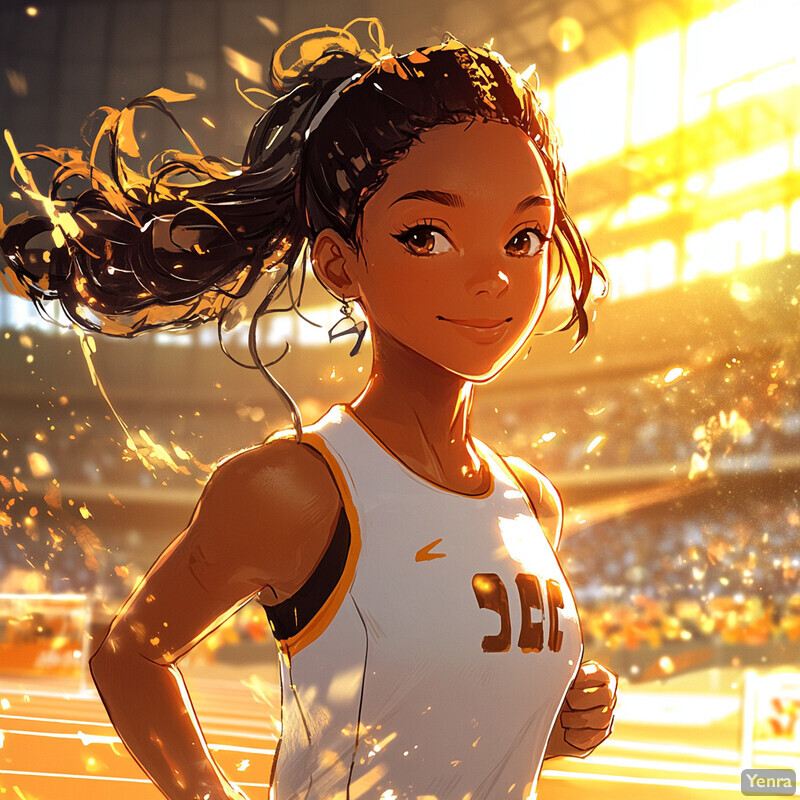 Anime-style illustration of a young woman running in an indoor stadium