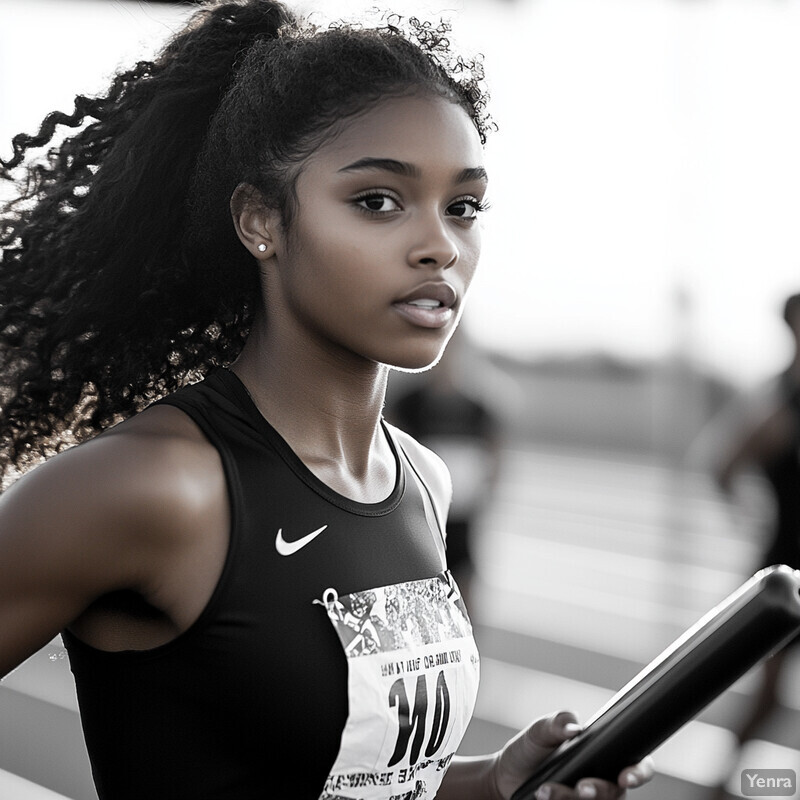 A young woman with dark skin and curly hair is running or jogging while holding a baton.