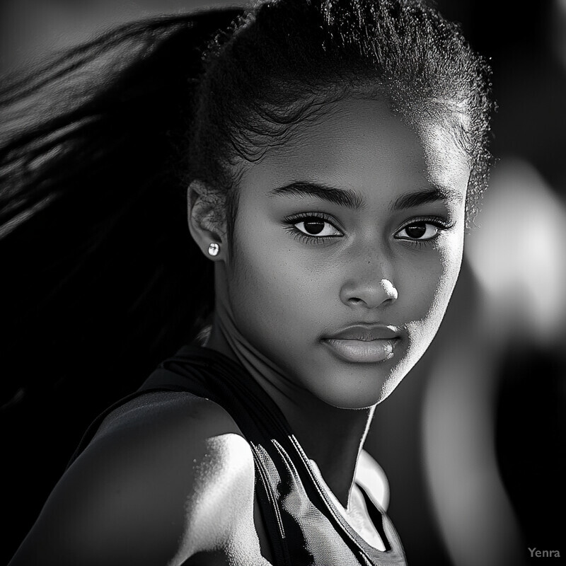 Black-and-white close-up portrait of a young woman