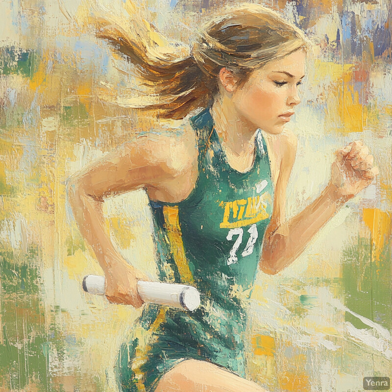 A young girl running on a track or field, wearing a green and yellow uniform.