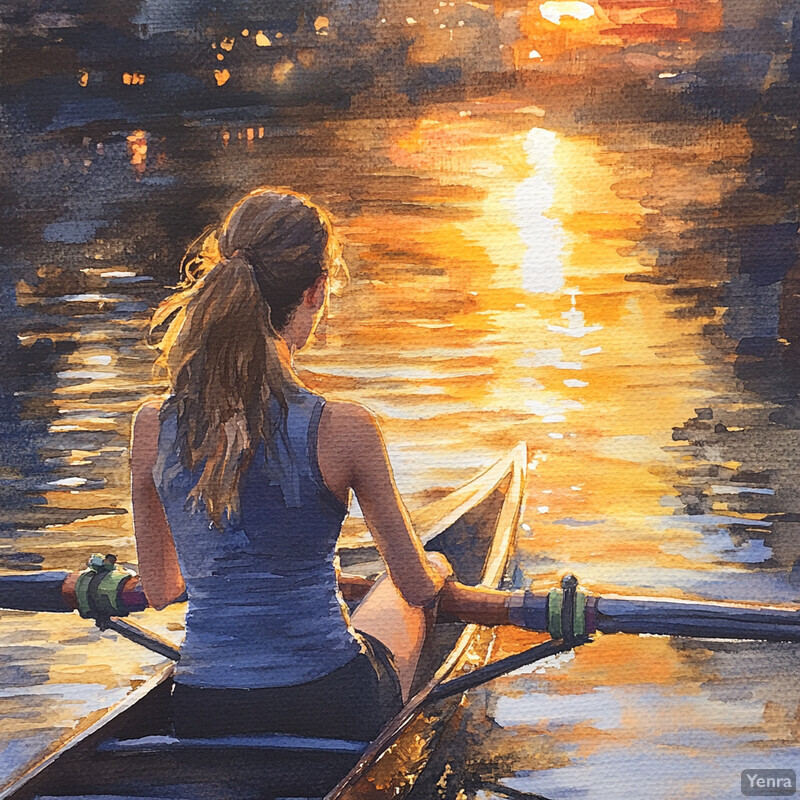 Woman rowing at sunset