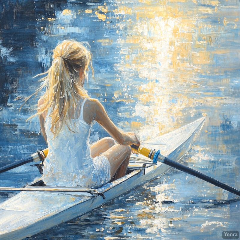 A woman rowing in a boat with her back to the viewer