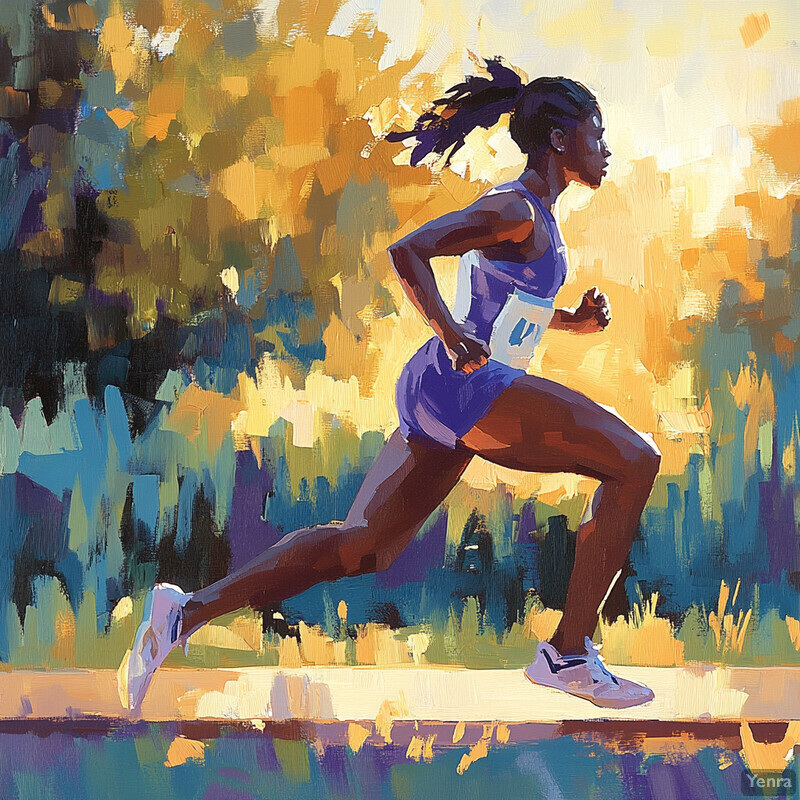 A dynamic painting of a Black woman running in a race or competition setting