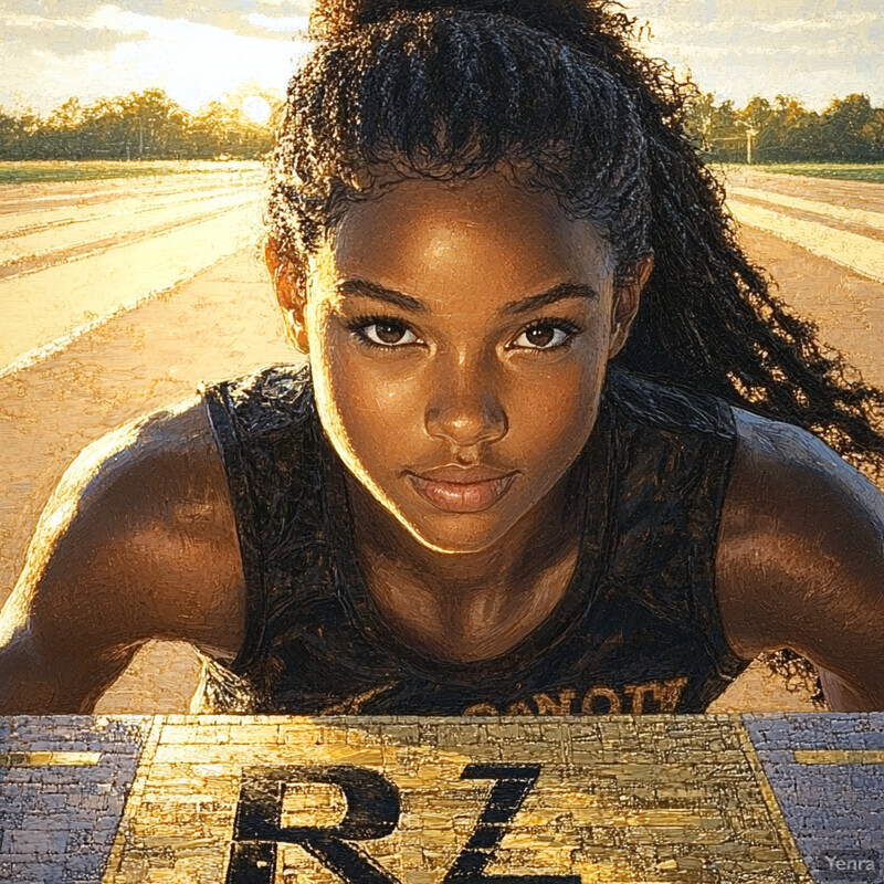 A young woman with dark skin and curly hair styled in braids or twists, wearing a black tank top and leaning forward on her elbows while running on a track.