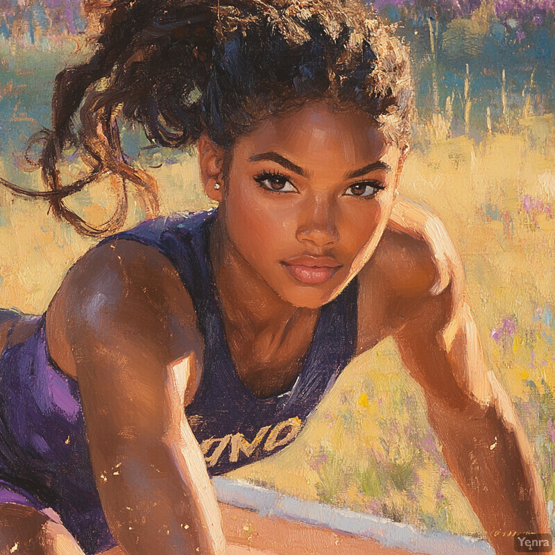 An oil painting of a young woman in athletic attire, likely a sprinter or runner.