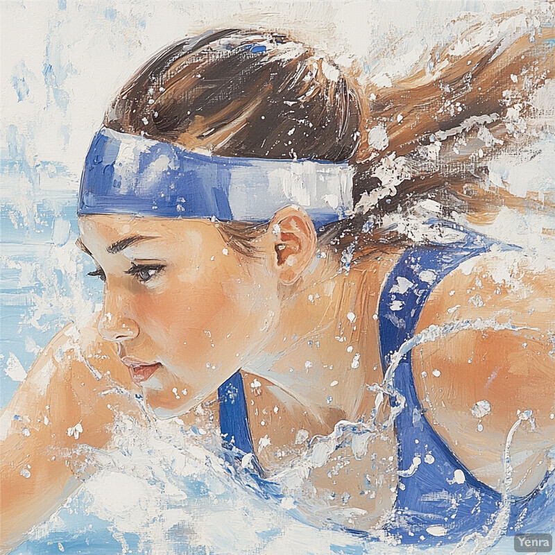 A woman in a blue swimsuit and headband, swimming or diving into the water.