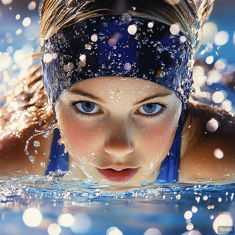 A young woman with blonde hair and blue eyes, wearing a black swim cap and a blue swimsuit, is positioned in front of a blurred background, likely a pool or body of water.