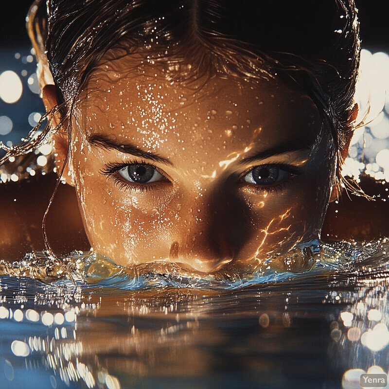 A woman with wet hair and skin gazing at something beneath her chin, possibly emerging from or submerged in water.