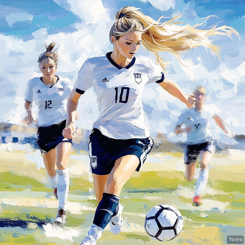 Three women playing soccer on a grassy field under a blue sky with white clouds