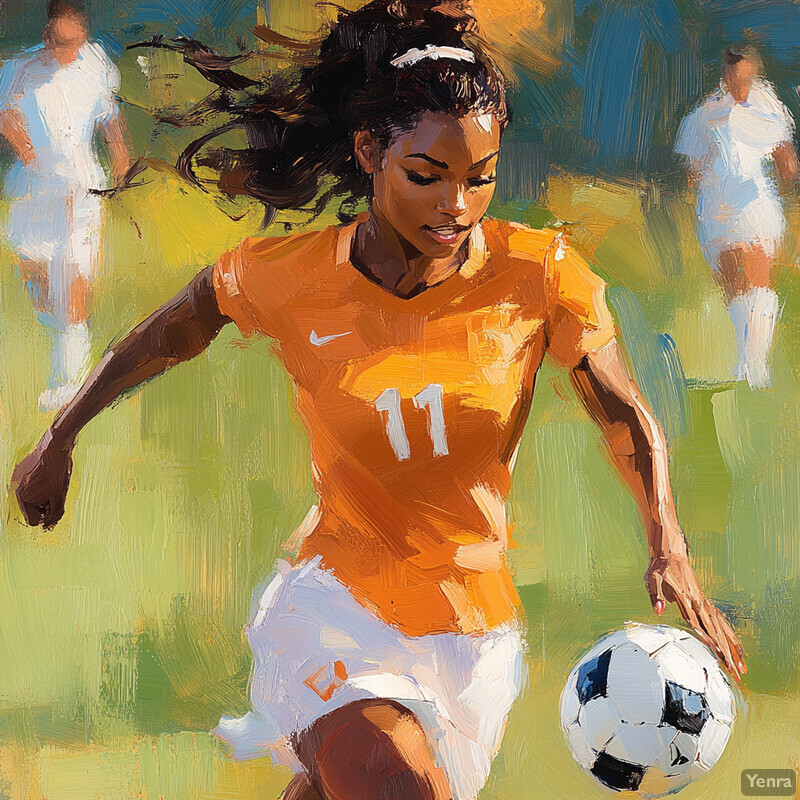 A woman playing soccer, wearing an orange jersey with white shorts, running across the field with her dark hair flowing behind her.