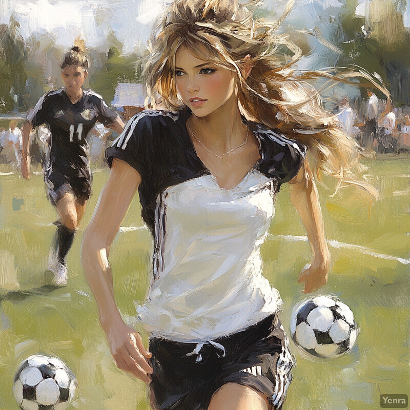 Two women playing soccer on a green field