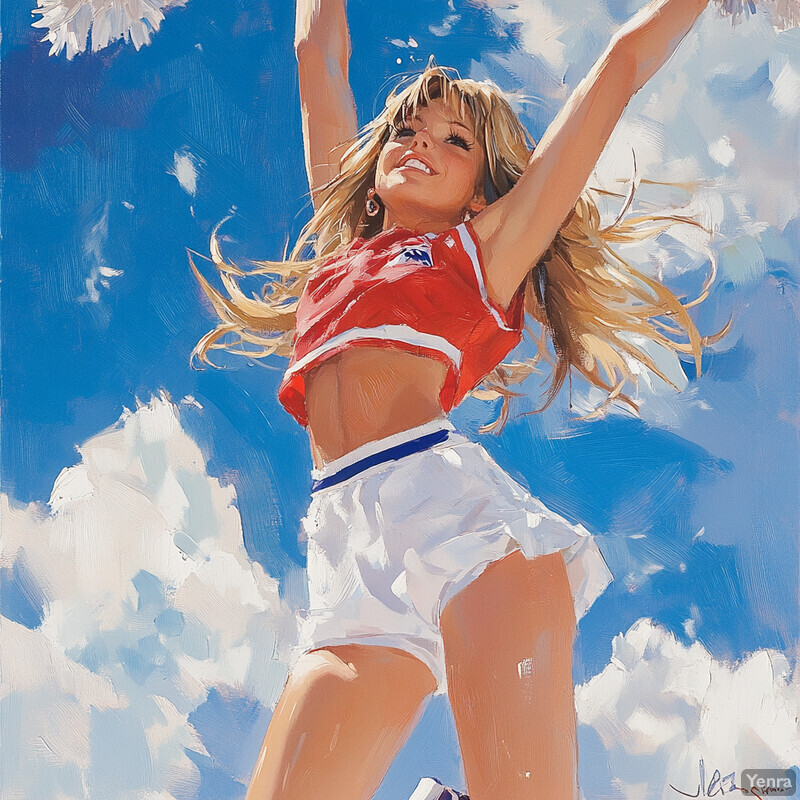 A young woman in a red crop top and white shorts, holding pom-poms and smiling.