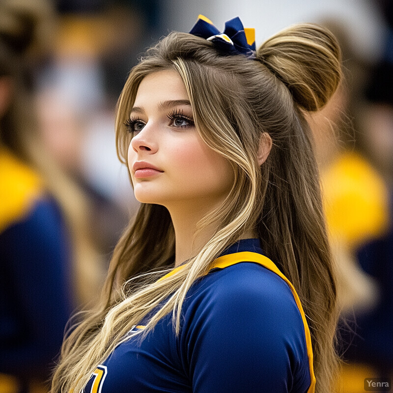 A young woman with long blonde hair and a blue jersey with yellow accents.