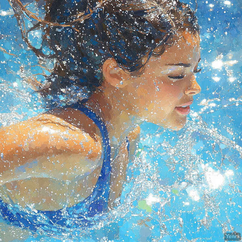 A young girl swims in a pool with her face partially submerged in the water.