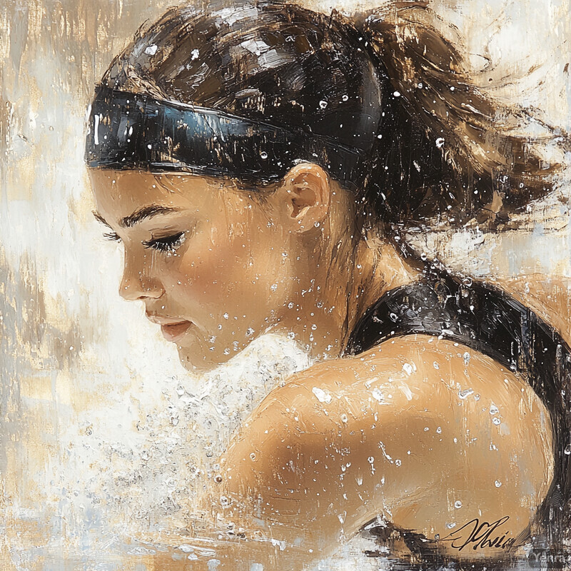 A painting of a woman swimming through water with bold brushstrokes and a determined expression.