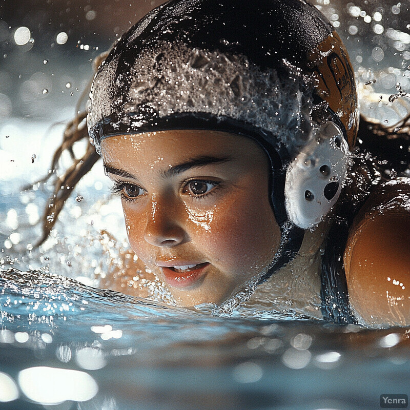 A young girl swimming in a pool, with her face and upper body visible above the water's surface.