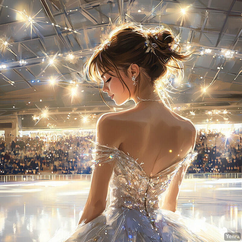 A woman in a white ball gown poses elegantly on a wooden floor, surrounded by soft lighting and a grand piano.