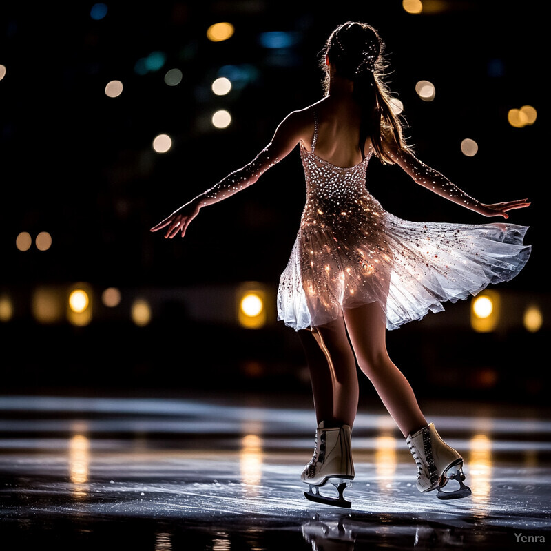 A woman ice skating on an outdoor rink, wearing a white dress with a high neckline and long sleeves.