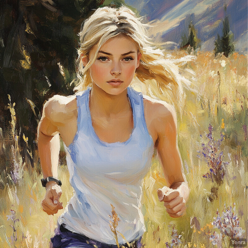 A young woman running through a field on a sunny day