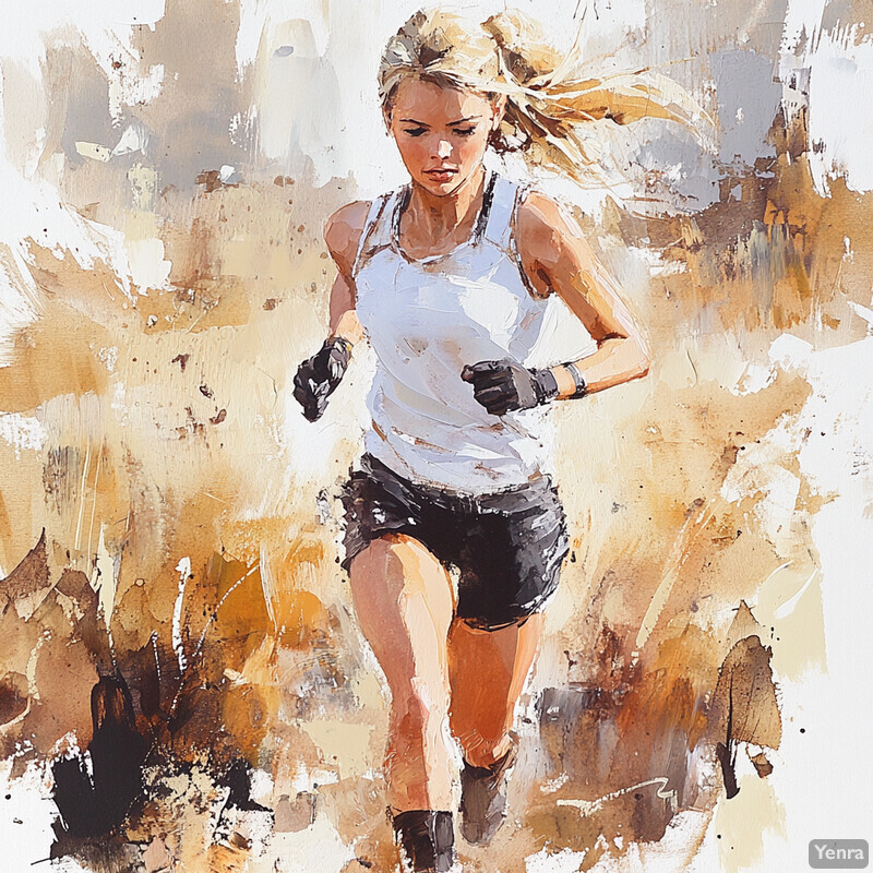 A woman running with determination and focus.